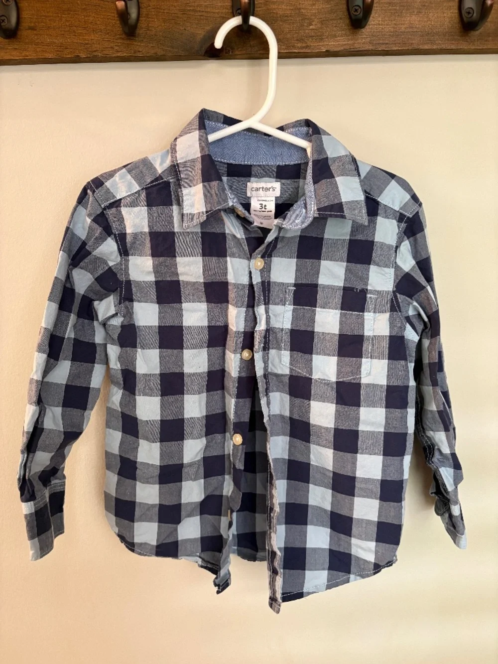 Carter's Toddler Plaid Shirt 3T Blue Buffalo Check Cotton Button Down